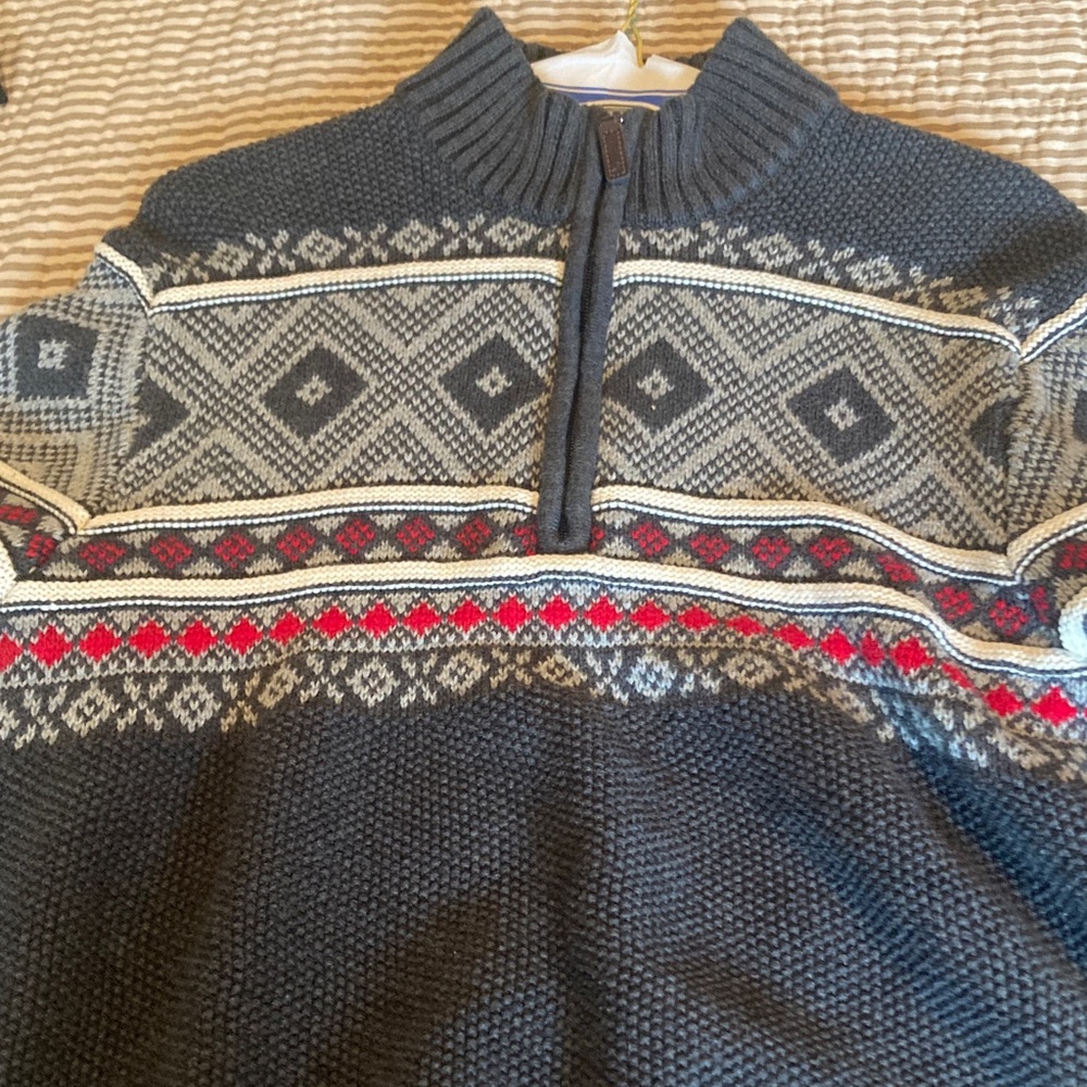 Izod Men's Black and Red Patterned Zip Up Sweater